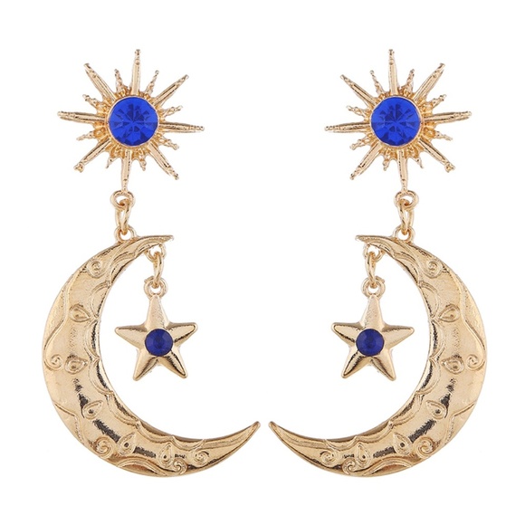 **MOMOKO* Sun x Moon Blue Gem Style Dangle Earrings - Picture 1 of 4